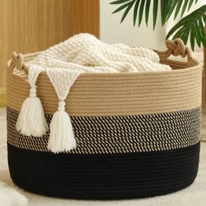 lot 5337 image: KAKAMAY Large Blanket Basket (20x13),Woven Rope Baskets for storage Baby Laundry Hamper, Cotton Rope Blanket Basket for Living Room, Laundry, Nursery, Pillows,Baby Toy chest (JuteBlack)
