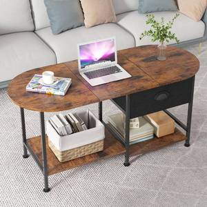 lot 5339 image: 37 Oval Small Coffee Table with Storage,Modern Wood Living Room Center Table for Small Space,Apartment,Home Office,Drawer & Open Shelves,Easy Assembly,Rustic Brown