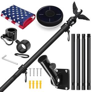 lot 5340 image: LETSTRY 5FT Flag Pole Kit for Outside House with American Flag & Solar Light,1 Thickened Stainless Steel Wall Mount Flagpole with 180°Adjustable Bracket for Residential Outdoor Porch, Black
