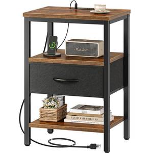 lot 5354 image: SUPERJARE Nightstand with Charging Station, Bed Side Table with Adjustable Fabric Drawer, Night Stand for Bedroom, 3-Tier Storage End Table, for Living Room, Rustic Brown and Black