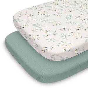 lot 6105 image: Blissful Diary Muslin Bassinet Sheets for Baby Girls Boys, Boho Soft Cotton Fitted for Oval Hourglass Rectangle Mattress, 2 Pack(Roman Green&Leaf)