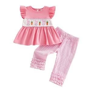 lot 6112 image: BemeyourBBs Toddler Baby Girl Easter Outfits Ruffle Shirts Tunic Top and Ruffle Pants Set Cute Infant Clothes (Ruffle Bunny Pink, 18-24 Months)