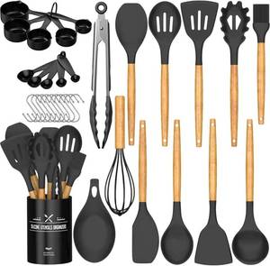 lot 6150 image: Umite Chef Kitchen Cooking Utensils Set, 33 pcs Non-Stick Silicone Cooking Kitchen Spatula Set with Holder, Wooden Handle Silicone Kitchen Gadgets Utensil Set (Black)