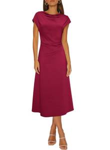 lot 6188 image: Happy Sailed Formal Dresses for Women Elegant Cowl Neck Short Sleeve Ruched Waist Midi Cocktail Party Dress for Wedding Guest Fashion 2025 Wine Red X-Large