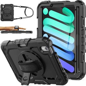 lot 6201 image: SEYMAC stock Case for iPad mini 7 (A17 Pro) 2024 Mini 6 8.3 with Screen Protector Pencil Holder 360 Rotating Hand Strap &Stand, Drop-Proof Case for iPad mini 7th6th Generation 8.3, Black