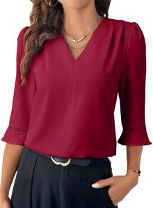 lot 6213 image: EVALESS 34 Length Sleeve Womens Tops Dressy Casual Pleated V Neck Work Business Office Spring Blouses Shirts Red Dahlia 2XL