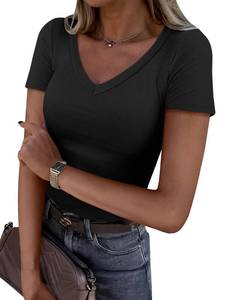 lot 6229 image: ANRABESS Women Short Sleeve V Neck Ribbed Knit Fitted Shirts Basic Tees Tops 2026 Summer Casual T-Shirts Going Out Outfits Black Small