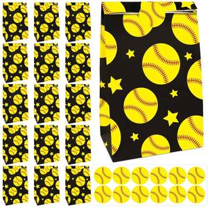 lot 6231 image: FEBSNOW 20 Pack Softball Gift Bags, Softball Paper Treat Candy Goodie Bags Party Favor Snack Bag for Team Birthday Sport Themed Supplies with 20 Softball Stickers
