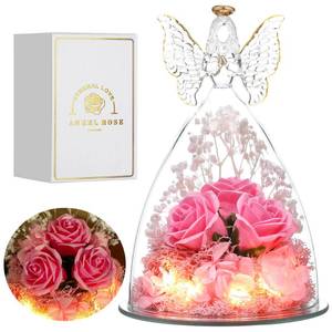 lot 6232 image: Tiaronics Mothers Day Mom Gifts for Women Preserved Flowers in Glass Angel Forever Flowers Gifts Eternal Roses Gifts for Grandma - Pink Wing broken off