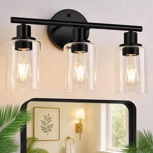 lot 9228 image: Zarbitta 3-Light Bathroom Light Fixtures, 17.23 Black Modern Vanity Lights with Clear Glass Shade, Bathroom Wall Lamp for Mirror Kitchen Living Room Hallway Cabinet Porch