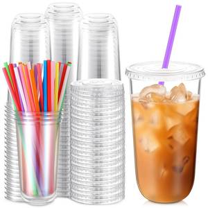 lot 9252 image: Ziliny 100 Pack 20 oz Plastic Cups with Lids and Straws Clear Disposable Round Bottom Coffee Cups for Iced Coffee, Cold Drinks, Juice, Smoothies, Milkshakes