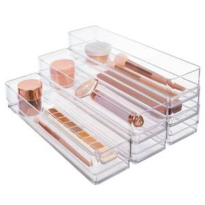 lot 9255 image: STORi SimpleSort 6-Piece Stackable Clear Drawer Organizer Set  12 x 3 x 2 Rectangle Trays  Narrow Makeup Vanity Storage Bins and Office Desk Drawer Dividers  Made in USA