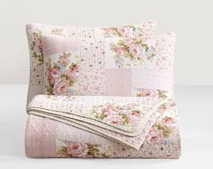 lot 9268 image: Chezmoi Collection Rosy 3-Piece Queen Size Printed Patchwork Cotton Quilt Set - Pink Flower Floral Striped Polka Dots - Stone Washed Lightweight Bedspread, Queen Size