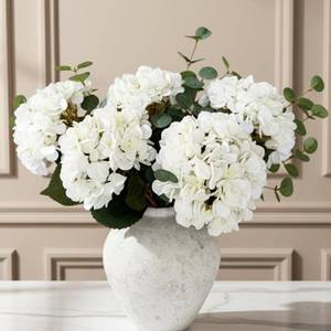 lot 9273 image: Real Touch White Faux Hydrangea And Eucalyptus Arrangement, Faux Floral Arrangements, Hyper Realistic Artificial Flowers, White Centerpieces For Kitchen Dining Coffee Table Decor, 5 Heads  Greenery