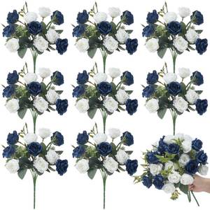 lot 9282 image: Zeyune 8 Pack 12 Inch Mini Navy Blue and White Artificial Roses Bouquet 80 Heads Fake Silk Roses with Long Stem Rose Flowers Bunches for Baby Shower Party Tables Decorations Cemetery Flowers