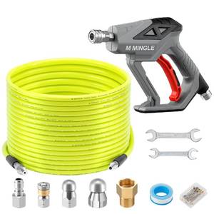lot 9293 image: M MINGLE Sewer Jetter Kit for Pressure Washer 100 FT, Drain Cleaner Hose with Power Washer Gun, 14 Inch NPT Corner Rotating and Button Nose Sewer Jetting Nozzle, Orifice 4.0, 4.5