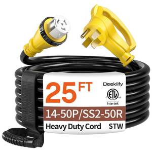 lot 9299 image: 25FT 50 Amp Generator Cord, NEMA 14-50PSS2-50R Heavy-Duty 4 Conductors Cable, Pure Copper STW RV Extension Cord, Female Plug with Twist Lock, Suitable for RV or Camper, ETL Listed