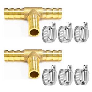 lot 10425 image: Da by 2 pcs 38(10mm) Brass Tee Barb Fittings for 38 ID Hose,6 pcs Stainless Steel Pipe Clamps,3 Way Union Intersection for WaterFuelAir(T)