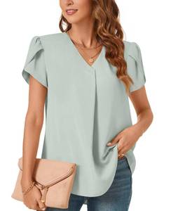 lot 10431 image: Bestbee Womens Plus Size Dressy Chiffon Blouses V Neck Tops Tee Cute 2026 Summer Shirts Petal Short Sleeve Casual T-Shirts, 3XL, Gray-Green