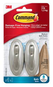 lot 10440 image: Command Medium Bath Hooks, Holds up to 3 lb, 2 Shower Hooks, 4 Water Resistant Strips, Brushed Nickel Colored, Damage Free Bathroom Organization for Robes, Towels, or Loofahs