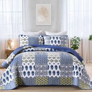 lot 11756 image: Mybedsoul Blue Quilt Set King Size 3 Pieces Boho Plaid Aqua Blue Floral Bedspread Set Microfiber Lightweight Bohemian Bedding Set for All Season (1 Quilt  2 Pillow Shams) 90x104