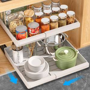 lot 11759 image: DOMNIU 2 Pack Pull Out Cabinet Organizers Expandable, Plastic Slide Out Drawers for Kitchen, Bathroom, Pantry, Under Sink Storage, Pull Out Drawers Fixed with Adhesive Nano Film (White, 11.6-17.5)