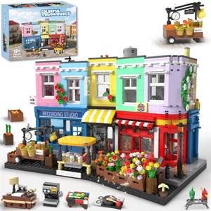 lot 11760 image: Colorful City Market Building Block Set, London Architecture Main Street Building set with Recording Studio, Coffee Shop, Bakery & Flower Shop, Mini Street Scene Building Block for Adults, 2666Pcs