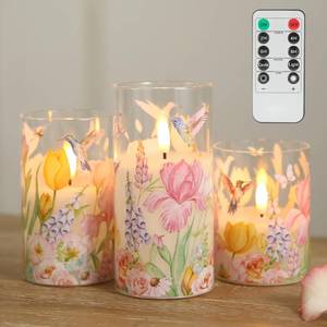 lot 11762 image: LUSHARBOR Flameless Candles with Remote, Battery Operated Glass Candles Hummingbird Flickering LED Electric Pillar Candles Real Wax Floral Christmas Decor Set of 3