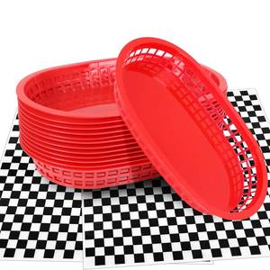 lot 11792 image: Hslife Plastic Food Baskets with Liners,120 Sheets Red Checkered Deli Paper Liners and 12 Black Fast Food Basket Bulk, Classic Reusable Baskets with Waxed Paper Liners (Red Baskets & Black Liners)