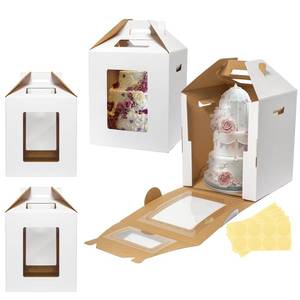 lot 12356 image: Wowxyz 4 Pack 2 Sizes Tall Cake Boxes for Tier Cakes 10x10x12 & 12x12x14 Inches Disposable Layer Baking Carrier with Window Large Tierd Bakery Take Out Transport Containers with Handle for Wedding