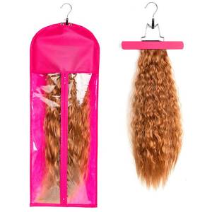 lot 12369 image: 1 Pack Extra Long Hair Extension Holder Wig Storage Bag with Hanger Hairpieces Ponytail Bundles Storage Carrier Case for Store Style Hair Travel Hair Extensions Bag Pink Color