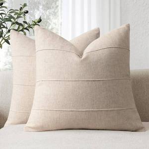 lot 12371 image: Decorative Linen Throw Pillow Covers 24x24 Set of 2 Solid handcrafted Striped Cushion Covers for Bed Soft Modern Farmhouse Neutral Pillowcase for Couch Bedroom Living Room Home Decor(Natural Beige)