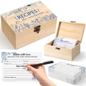 lot 12383 image: Beeveer 60Pcs Recipe Cards for Bridal Shower Decorations Bridal Shower Games Wedding Party Favors Wooden Box With Recipe Cards Box for Newlyweds Wedding Engagement Party(Blue Floral)