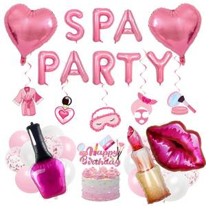 lot 12419 image: Jorvian Spa Party Decorations Balloons Set Pink Spa Theme Birthday Decorations with Banners Lipstick Nail Polish Lip-Shaped Balloons for Girls Makeup Party ��Hot Pink��