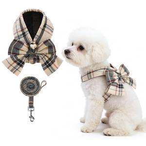 lot 12425 image: KOOLTAIL Small Dog Harness and Leash Set, Cute Puppy Vest Harnesses with Bowtie, Step in No Pull Soft Mesh Padded Adjustable Plaid Pet Harness for Extra-Samll Medium Dogs Cats, Boy Girl, XS-M, Beige S