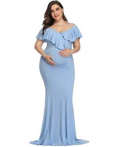 lot 12433 image: YnimioAOX Maternity Long Dress Ruffles Elegant Maxi Photography Dress Stretchy Slim Gowns for Photoshoot,Light Blue,X-Large