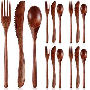 lot 12436 image: Geiserailie 12 Pcs Wooden Utensils for Eating Wooden Spoon Fork Knife Cutlery Set Kitchen Wood Dinner Flatware Tableware Set Includes Spoon, Fork, Knife