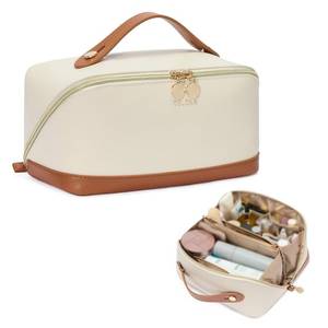 lot 12450 image: Telena Leather Make Up Bag Portable Travel Makeup Bag Waterproof Cosmetic Bags for Women Large Capacity With Handle and Divider Open Lay Flat