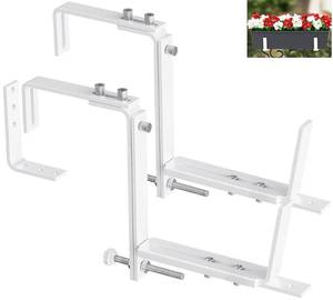 lot 13886 image: Y&M 2 Pcs Deck Railing Adjustable Planter Box Brackets (6 to 12.5 in), Universal Heavy Duty Iron Flower Box Brackets Wall Mounting Hooks for Fences, Patio, and Garden - White (Patent Registered)