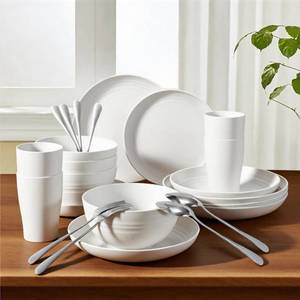 lot 13889 image: 24 Pcs Dinnerware Set- Dinner Plates Set- Picnic & Camping- Unbreakable & Reusable- Includes 4x 9in, 4x 8in Plates, 4x 6in Bowls, 4 Cups, 4 Stainless Steel Forks and Spoons- Kitchen, Dorm, Office