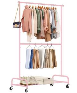 lot 13890 image: SLEEPING LAMB Double Rod Heavy Duty Clothes Racks for Hanging Clothing, Metal Rolling Garment Rack With Wheels Clothes Hanger Rack Wardrobe Racking for Coats, Shirts (Pink)