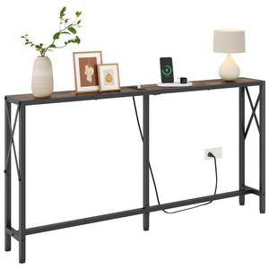 lot 13894 image: Gewudraw Console Table with Oulets and USB Ports, 55.1 Sofa Table Behind Couch, Industrial Long Skinny Stand for Hallway, Living Room, Bedroom, 6.5 Feet Power Cord, Rustic Brown