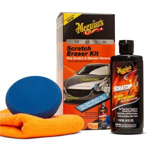 lot 14027 image: Meguiars Quik Eraser Kit, Car Scratch Remover for Repairing Surface Blemishes, Car Scratch Repair Kit with ScratchX, Drill-Mounted Pad, and Microfiber Towel, 4 Count