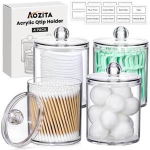 lot 14041 image: 4 Pack Acrylic Qtip Holder Dispenser for Cotton Swabs, Balls, Pads, Floss Picks- Small Clear Acrylic Canister Apothecary Jar Set, Bathroom Essentials Accessories Decor, Vanity Makeup Storage Organizer