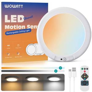 lot 14048 image: wowatt Rechargeable Ceiling Lights Battery Operated Ceiling Light with Remote Wireless Shower Lighting 3000K 4500K 6500K 7.48in Dimmable Timing Overhead Light for Closet Shower Living Room