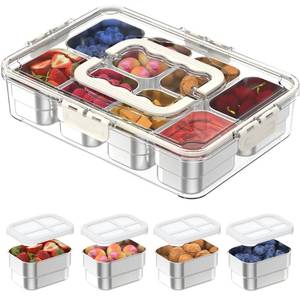 lot 14059 image: Snackle Box Container,8 Compartment Stainless Steel Food Storage with Silicone Lid & Handle,Clear Divided Fruit Nut Veggie Tray for Kitchen, Picnic, Party