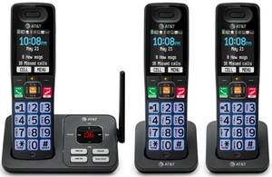 lot 14088 image: AT&T Cordless Phone, Landline Phones for Home with Smart Call Blocker, 3 Handsets Bluetooth Phone, Large Color Display, Big Buttons, Long Range, Digital Answering System BL108-3 (Charcoal & Silver)