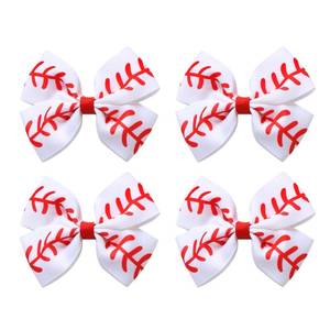 lot 14093 image: 4PC Baseball Hair Bow Clips for Baby Girls Women 4 Inch White Softball Cheer Hair Accessories