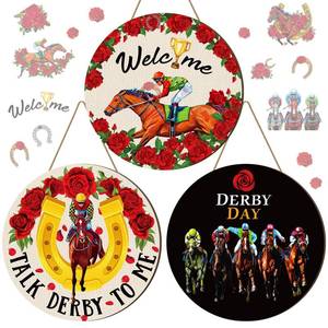 lot 14110 image: 3 Pcs 12 Inch Derby Door Decoration Derby Wooden Door Sign Hanger Horse Racing Hanging Decorations for Home Porch Front Horse Racing Party Decor
