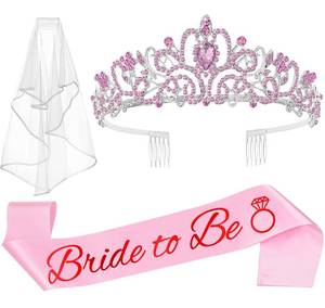 lot 14115 image: JETKONG 3 Pcs Bachelorette Party Decorations Bridal Shower Crown, Bride to Be Sash&Veil for Women Bachelorette Party Gifts, Bachelorette Party Supplies, Gifts, Favors (Pink)